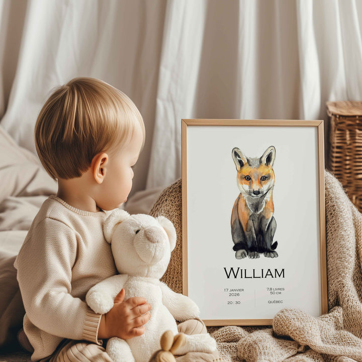 Personalized birth announcement poster sitting fox