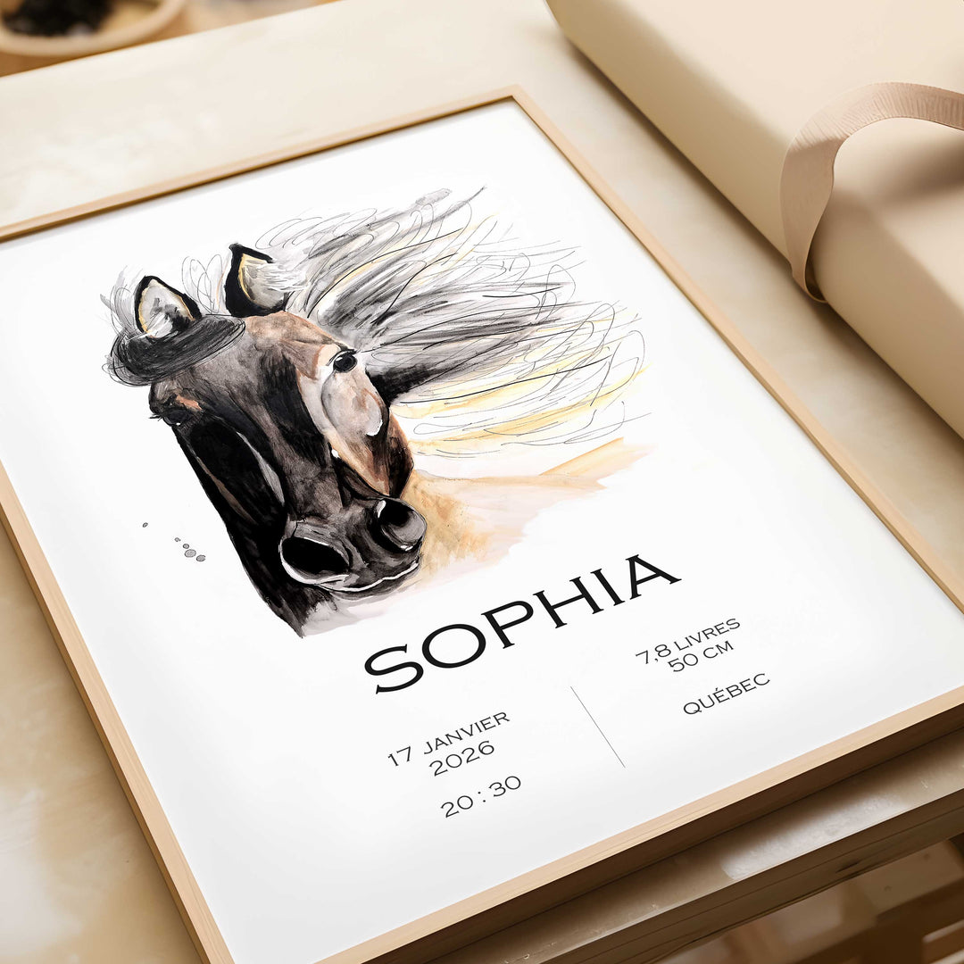 Birth announcement poster - horse with flowing mane