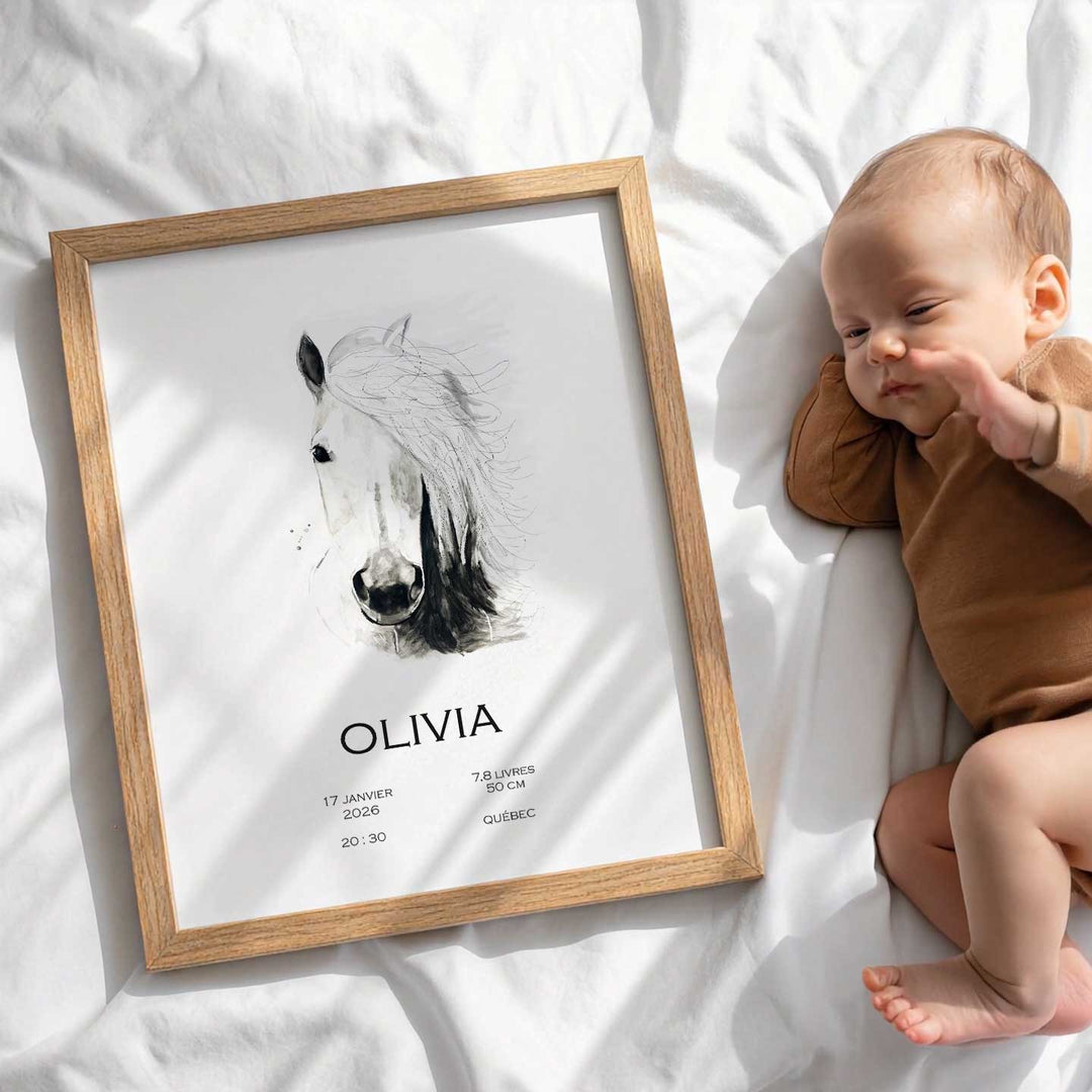 Birth announcement poster - black and white horse
