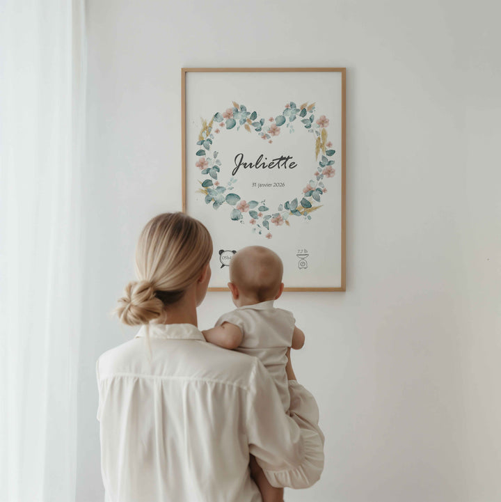 Floral Heart - Illustrated birth poster with flowers, pampas grass and eucalyptus