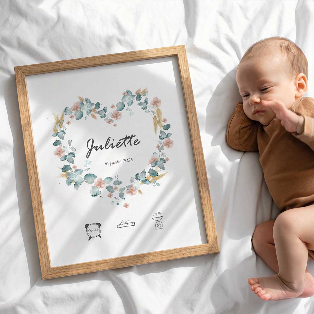 Floral Heart - Illustrated birth poster with flowers, pampas grass and eucalyptus