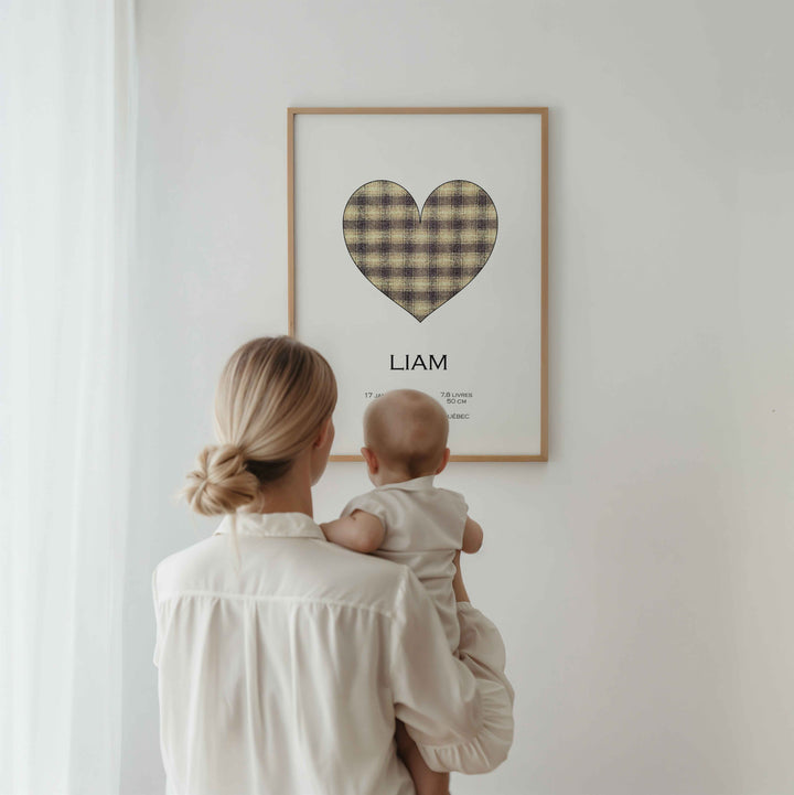 Birth announcement poster - Gold checkered heart