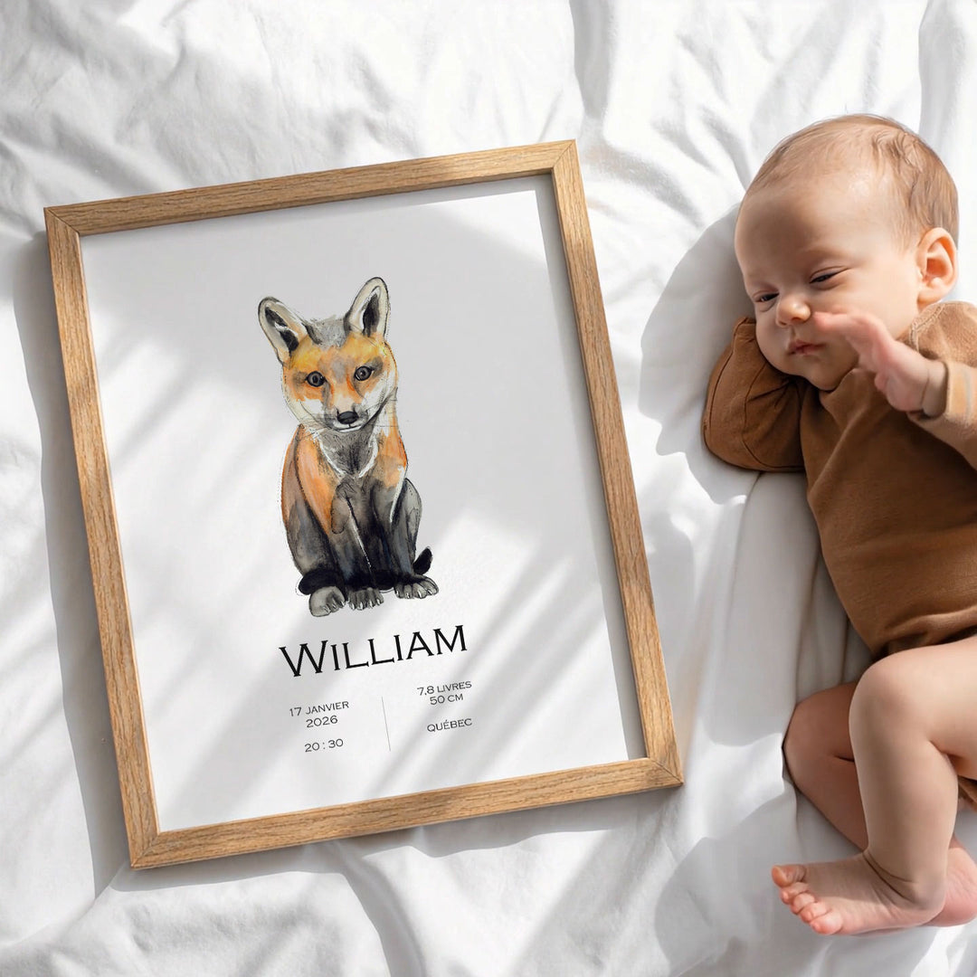 Personalized birth announcement poster sitting fox