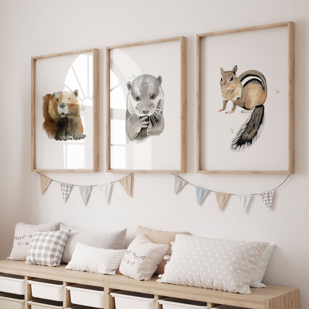 Trio d'affiches animaux de la forêt - Castor, loutre, tamia