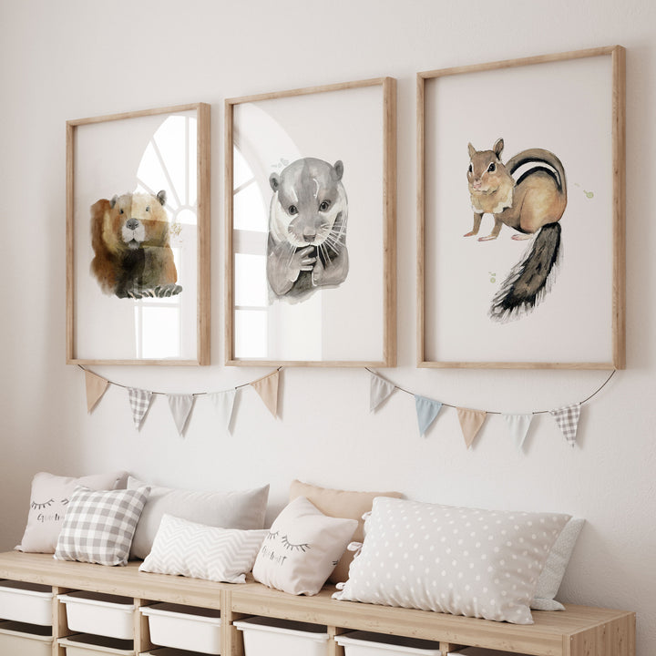 Trio d'affiches animaux de la forêt - Castor, loutre, tamia