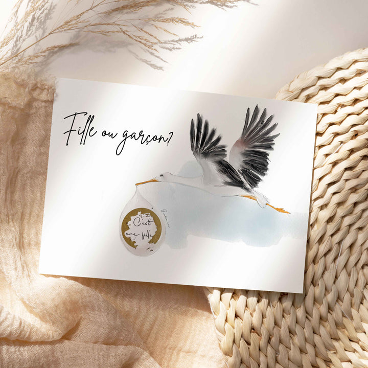 Carte à gratter Cigogne  - Dévoilement - Fille ou garçon?
