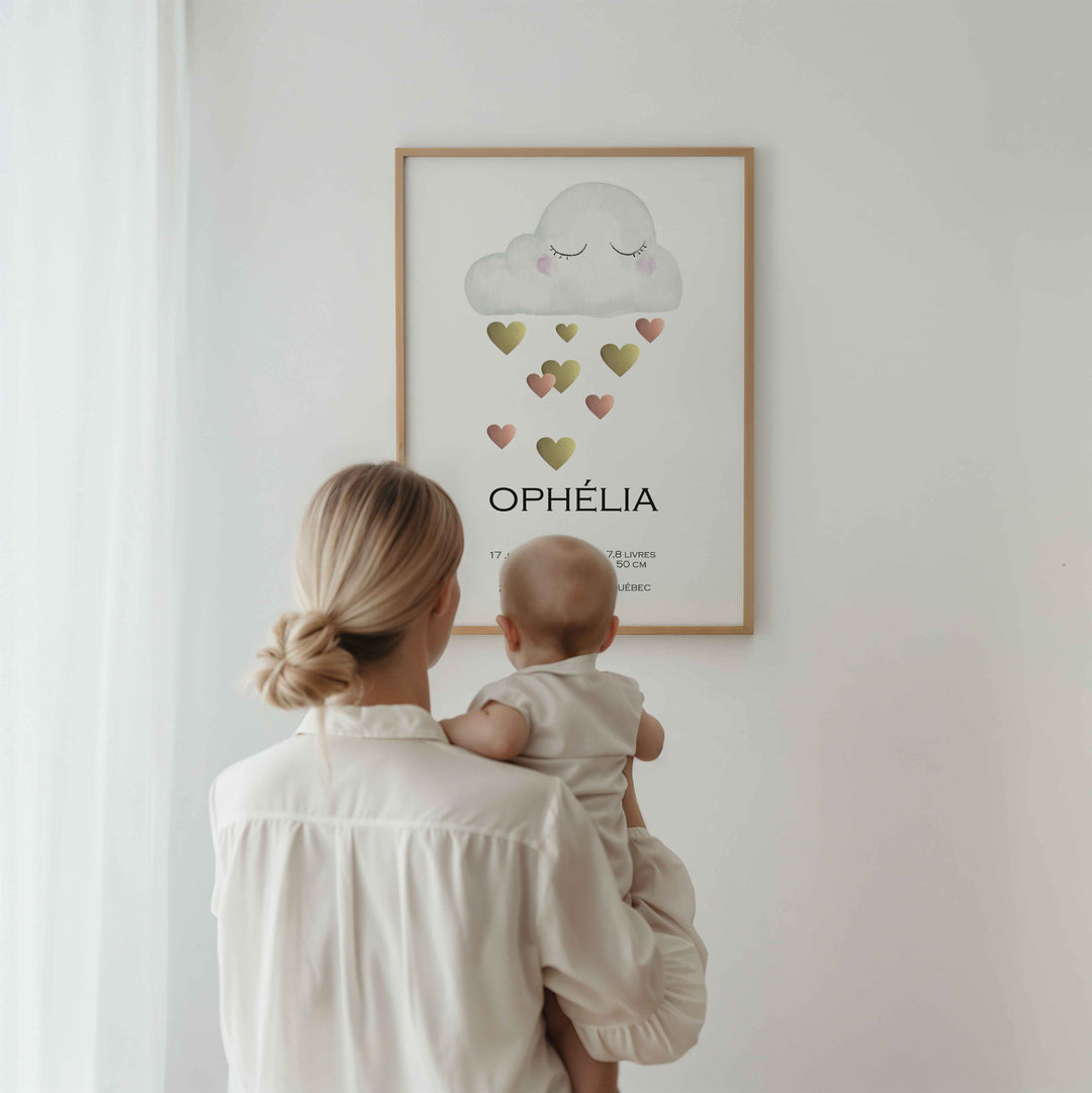Birth announcement poster - Cloud and shower of hearts
