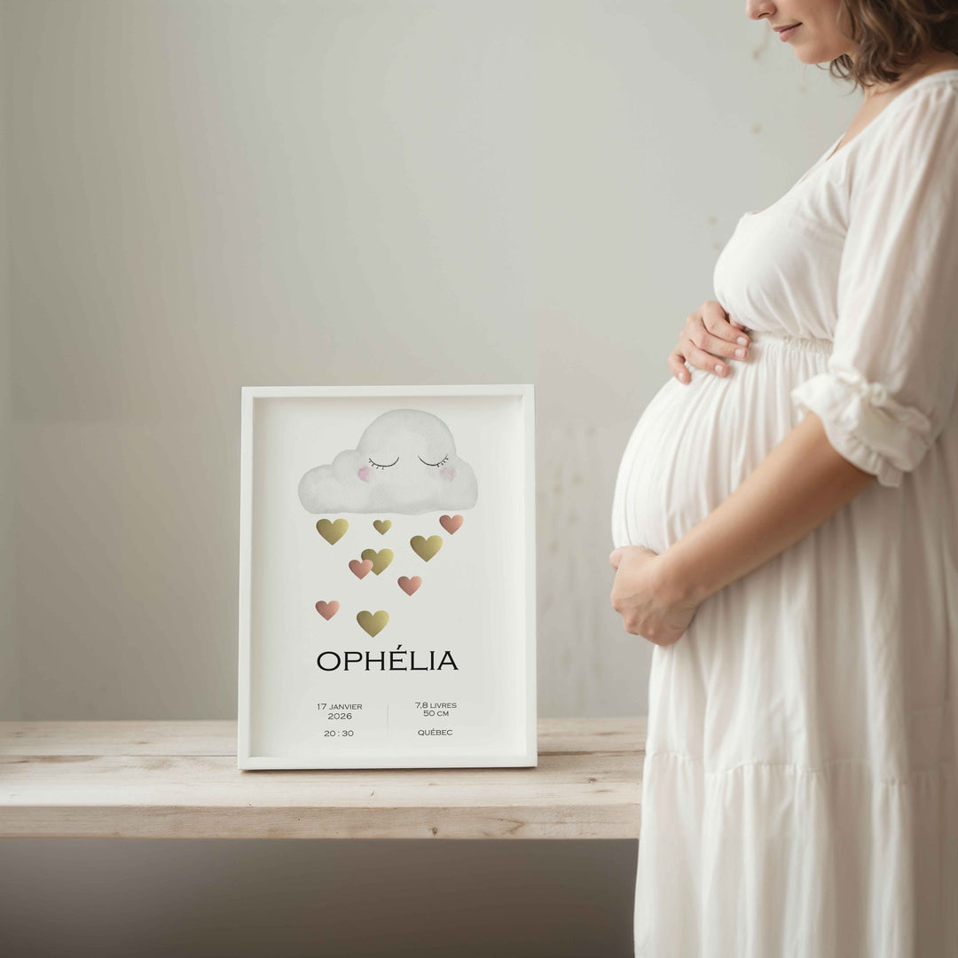 Birth announcement poster - Cloud and shower of hearts