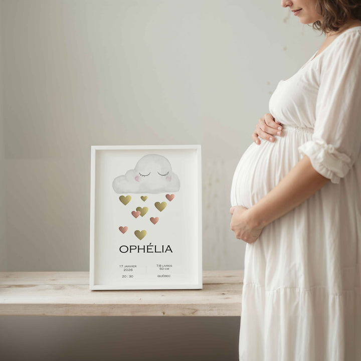 Birth announcement poster - Cloud and shower of hearts