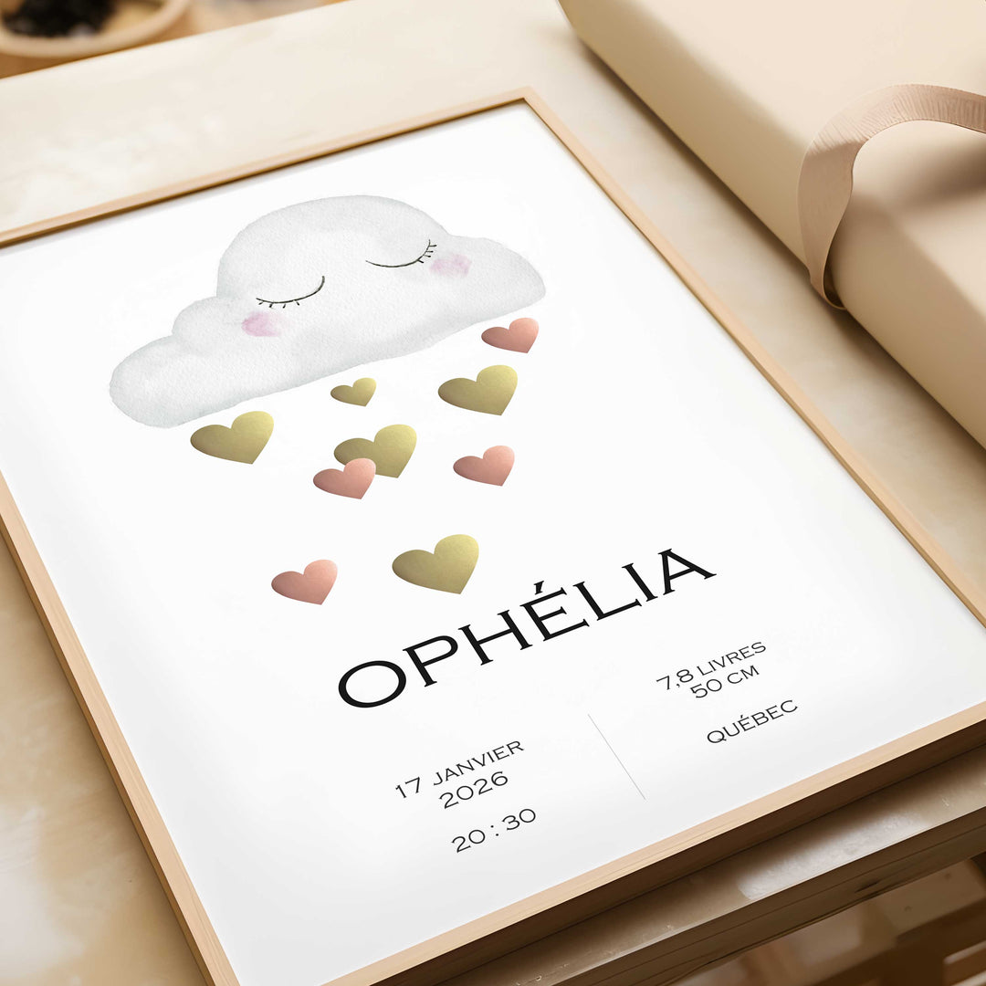 Birth announcement poster - Cloud and shower of hearts