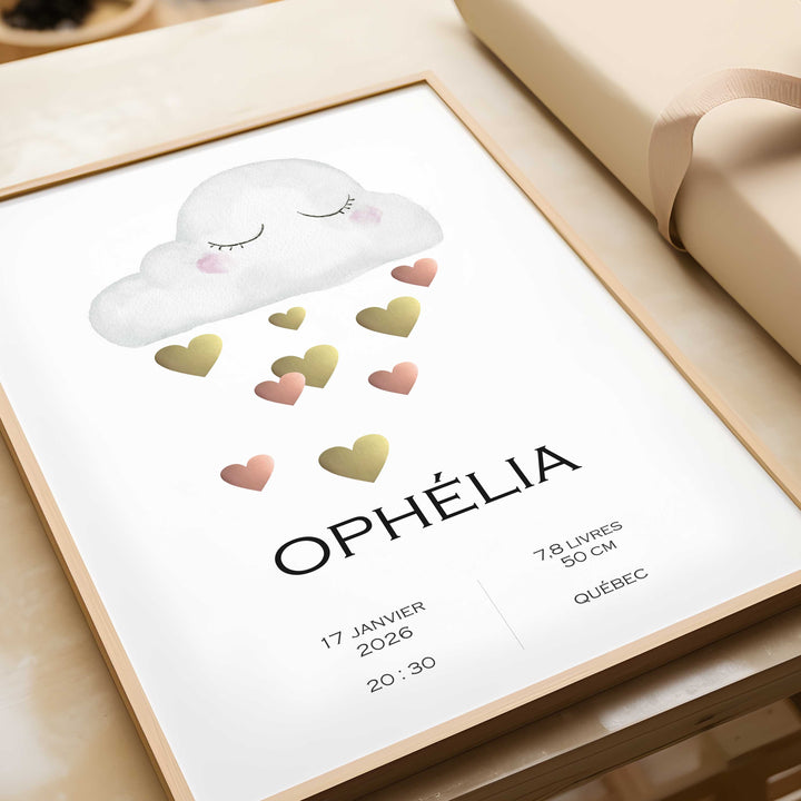 Birth announcement poster - Cloud and shower of hearts