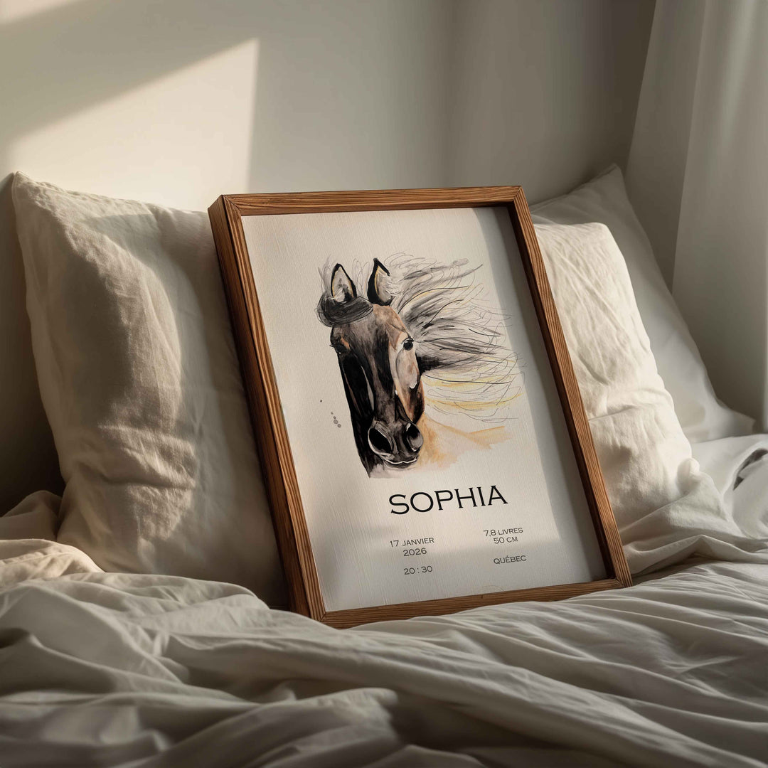 Birth announcement poster - horse with flowing mane
