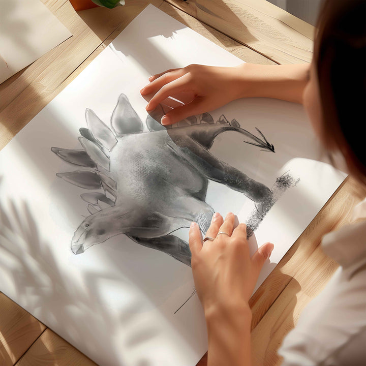 Illustration - Dinosaur - Black and white Stegosaurus