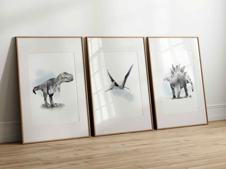 Set of black-and-white dinosaur illustrations
