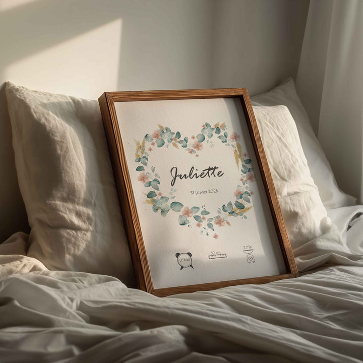 Floral Heart - Illustrated birth poster with flowers, pampas grass and eucalyptus