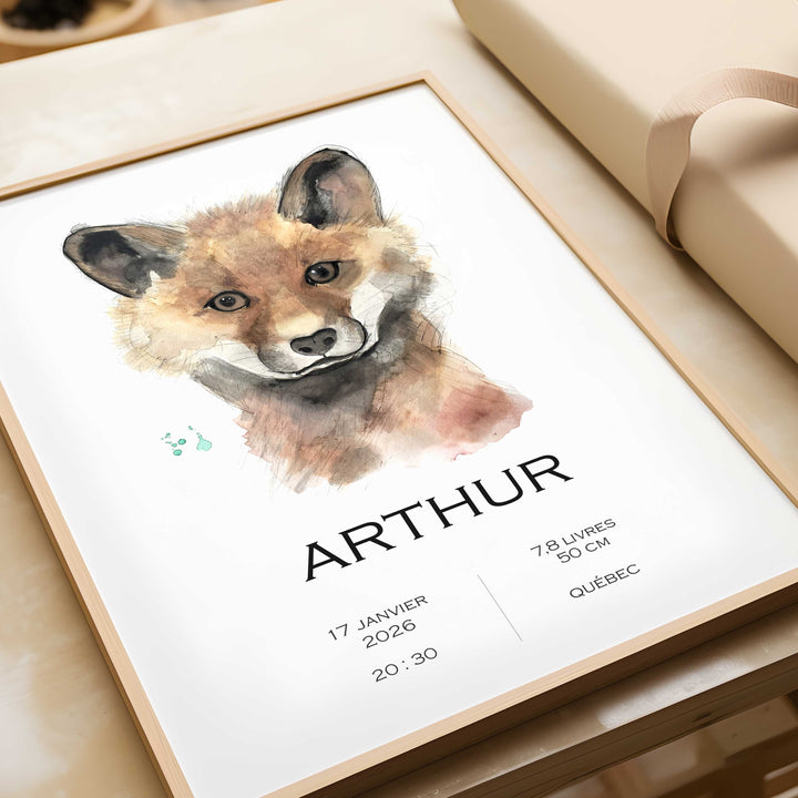 Personalized fox face birth announcement poster