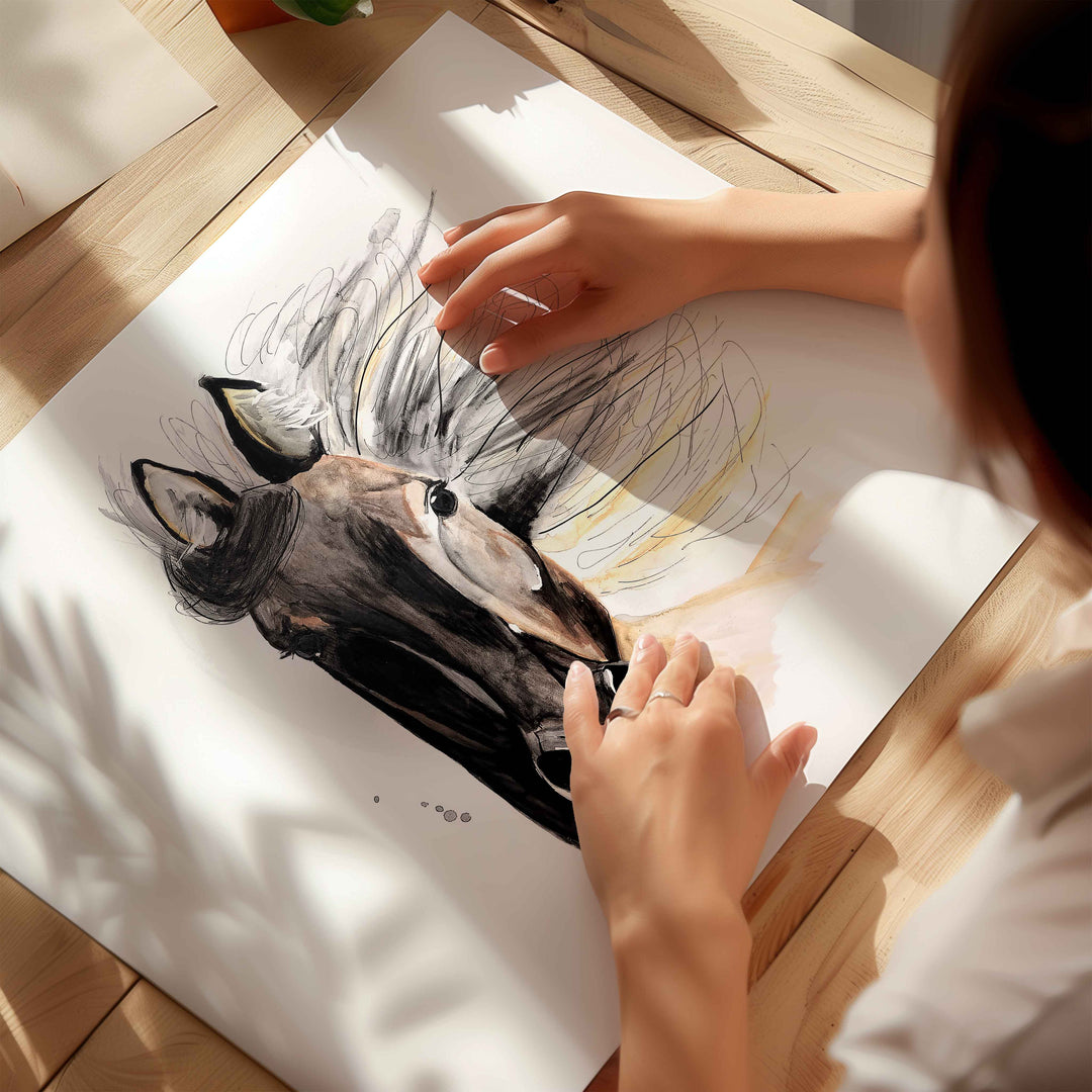 Illustration - farm animals - horse with flowing mane