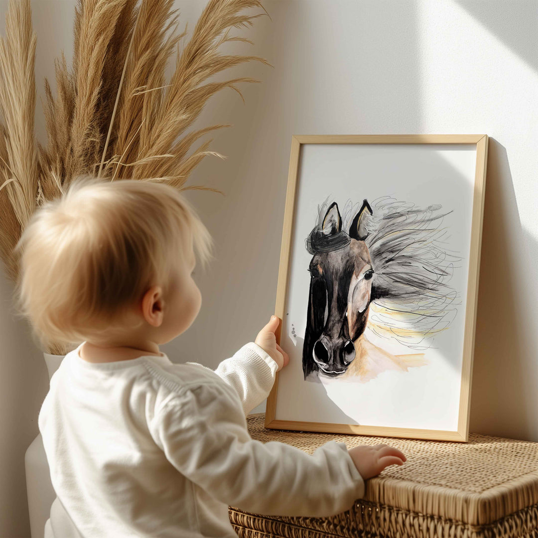 Illustration - farm animals - horse with flowing mane