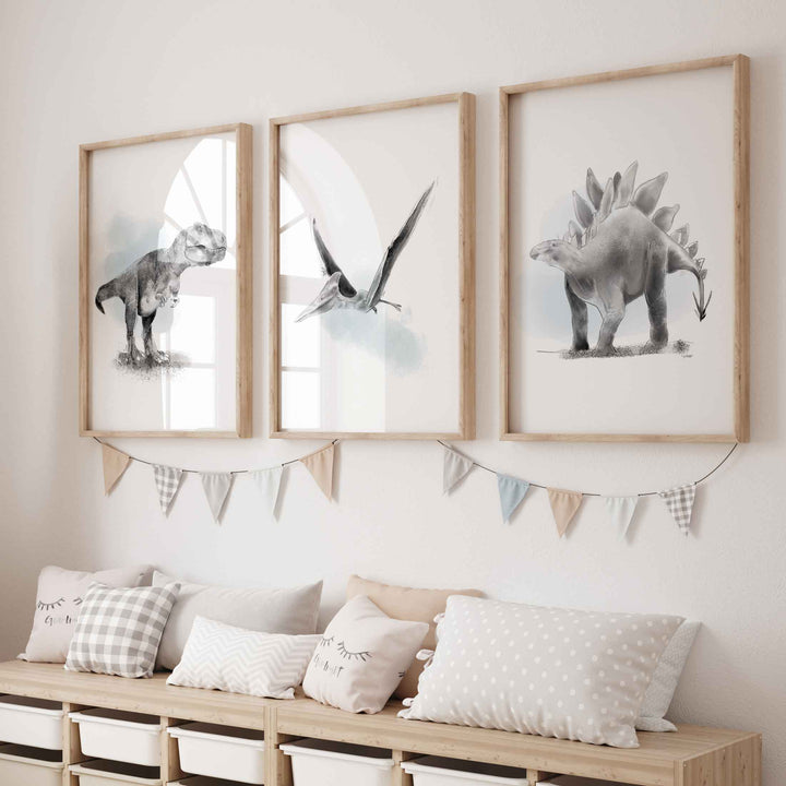 Set of black-and-white dinosaur illustrations