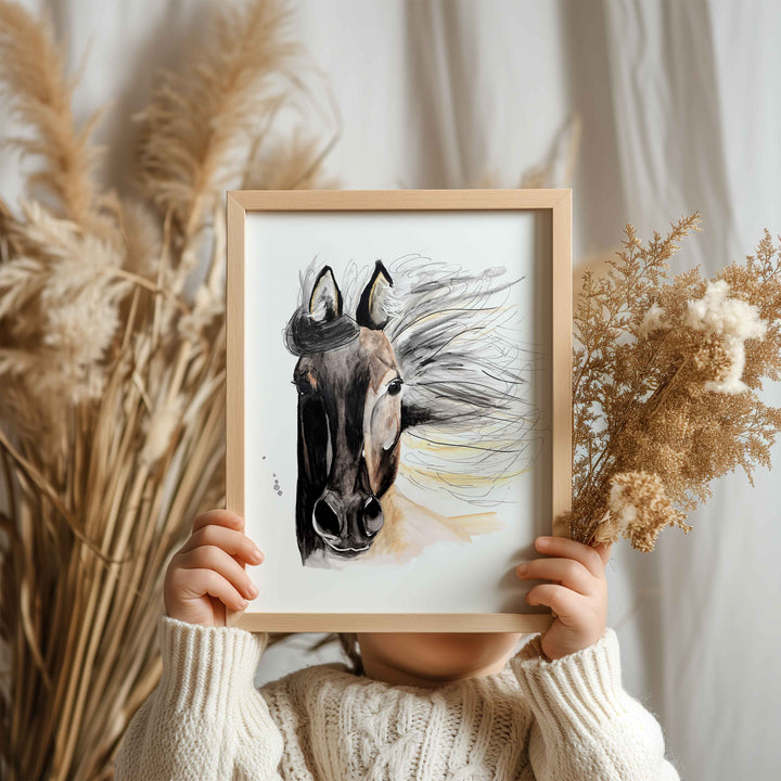 Illustration - farm animals - horse with flowing mane