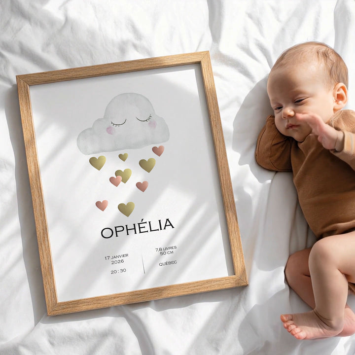 Birth announcement poster - Cloud and shower of hearts