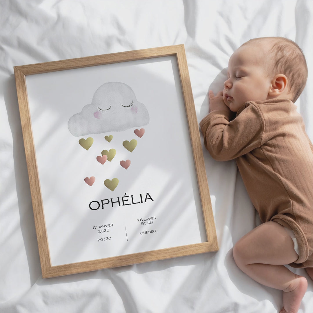 Birth announcement poster - Cloud and shower of hearts