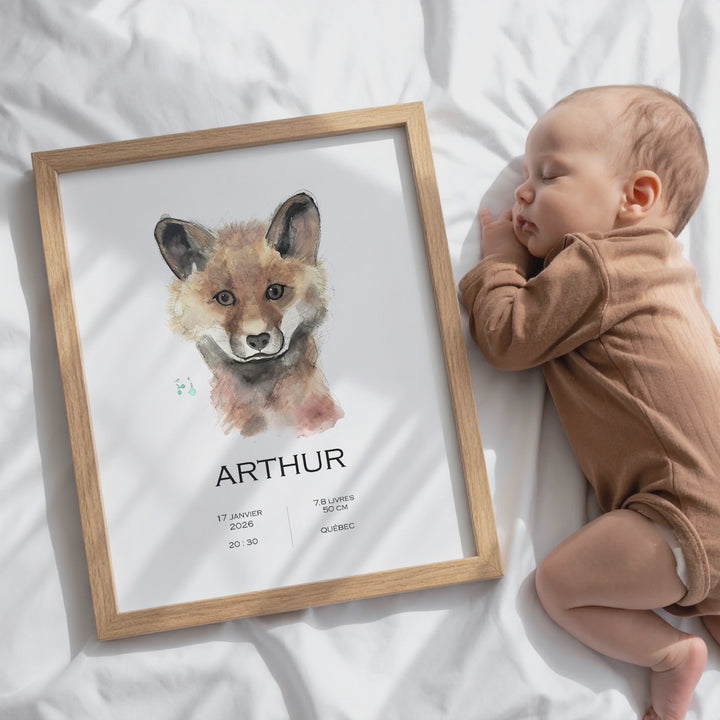 Personalized fox face birth announcement poster