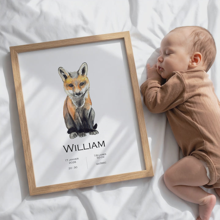 Personalized birth announcement poster sitting fox