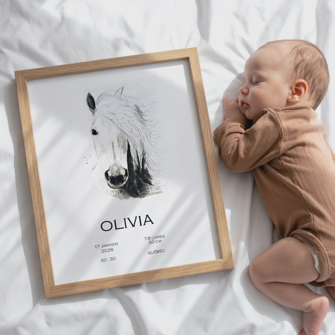 Birth announcement poster - black and white horse