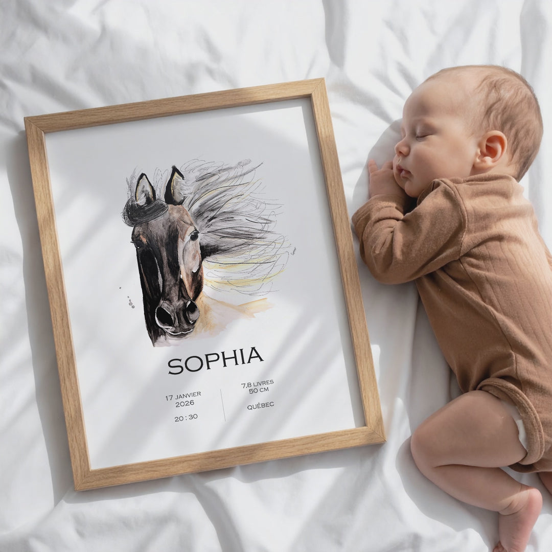 Birth announcement poster - horse with flowing mane