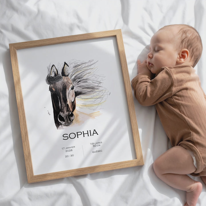 Birth announcement poster - horse with flowing mane