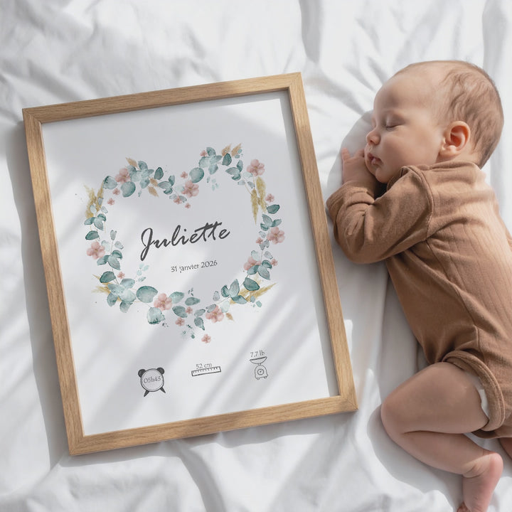 Floral Heart - Illustrated birth poster with flowers, pampas grass and eucalyptus