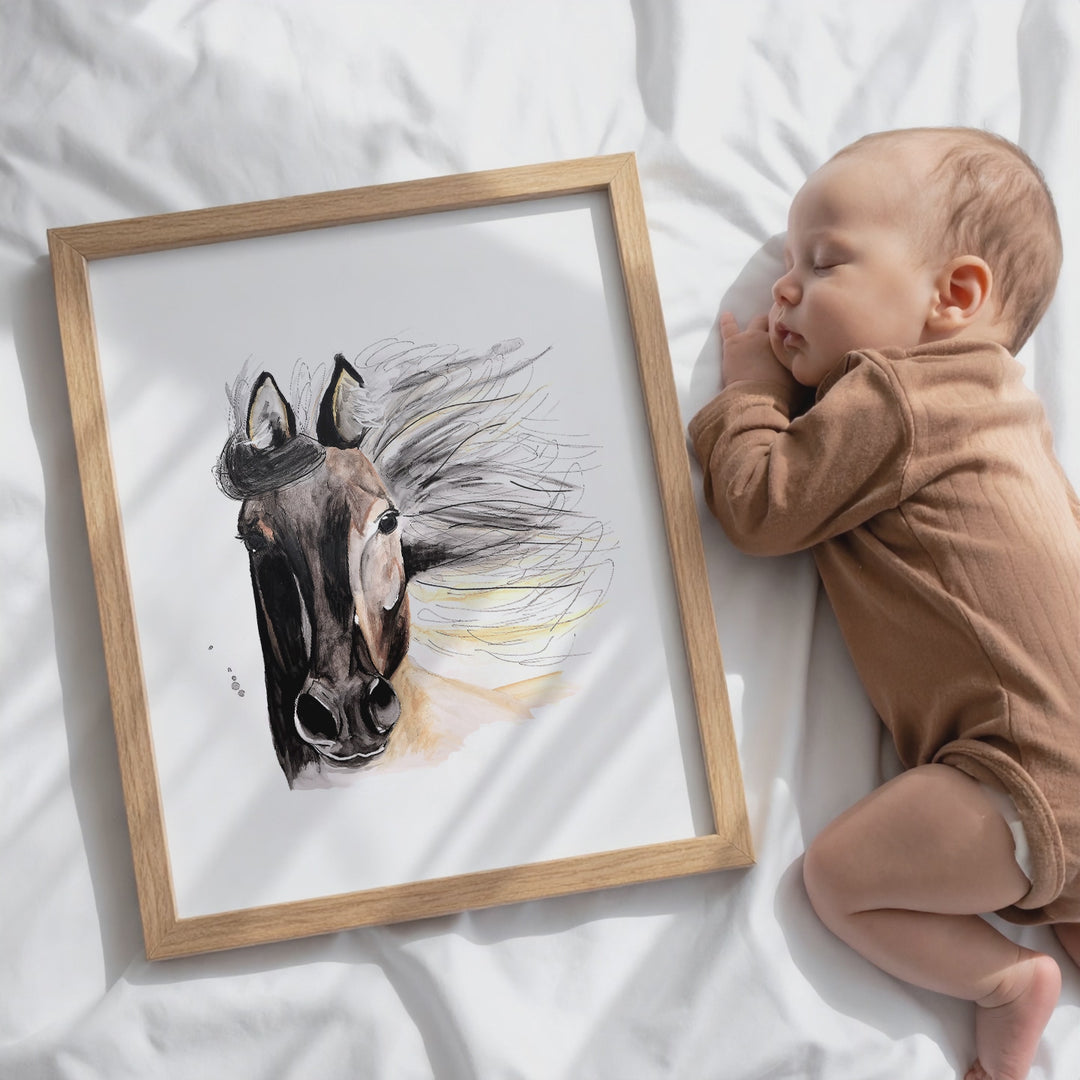 Illustration - farm animals - horse with flowing mane