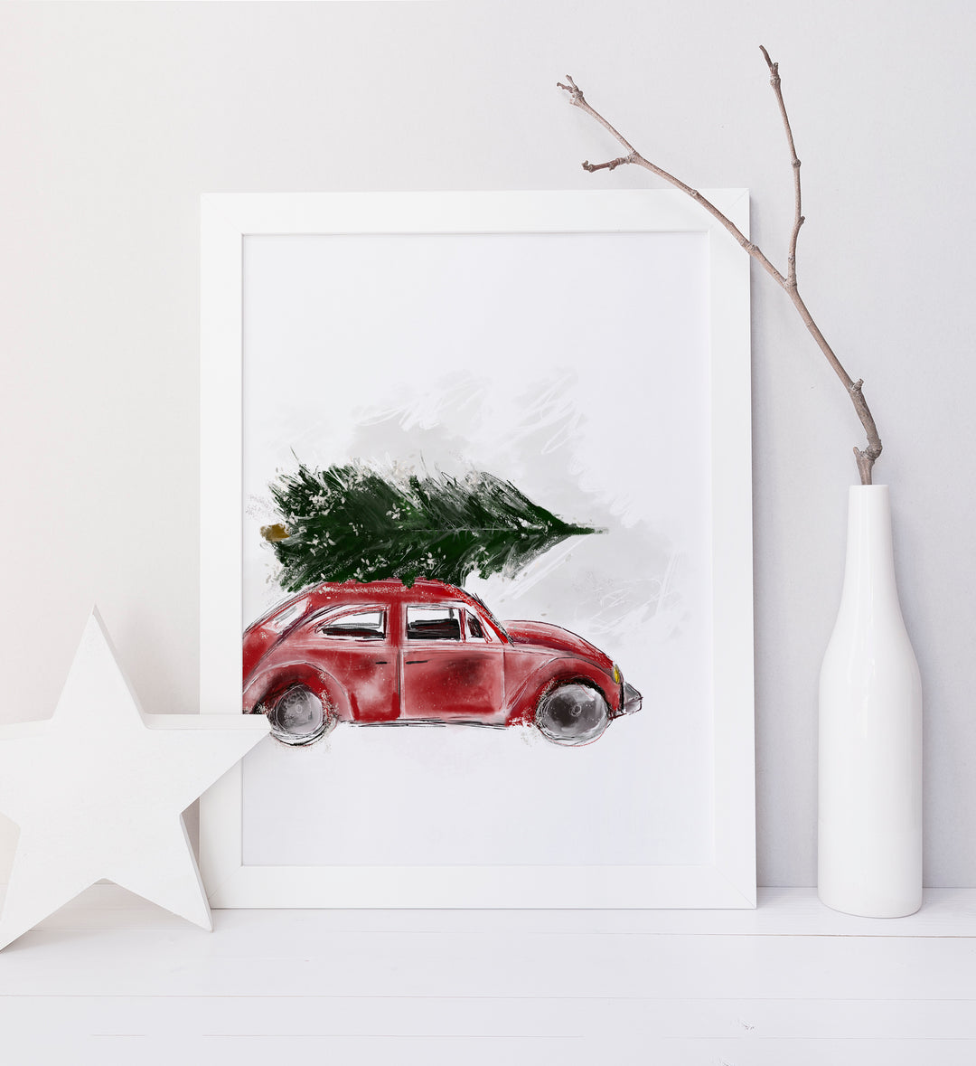 Illustration de Noël  - Voiture rouge et son sapin